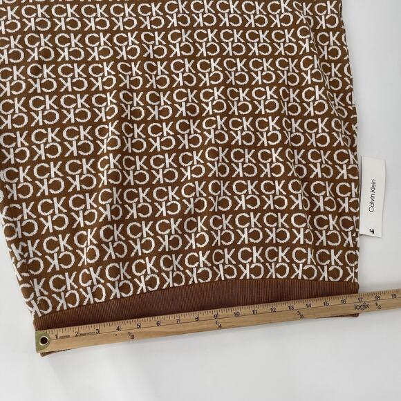 Calvin Klein Pencil Skirt CK Monogram Logo Tan White Stretch Knit Large $80 MSRP - Picture 6 of 6